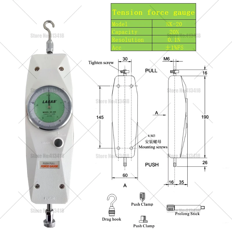 NK-10N 20N 30N 100N 50kgf Analoge krachtmeter, duw- en trekmeter, spanningsmeter, hoogwaardig dynamometer, meetinstrument