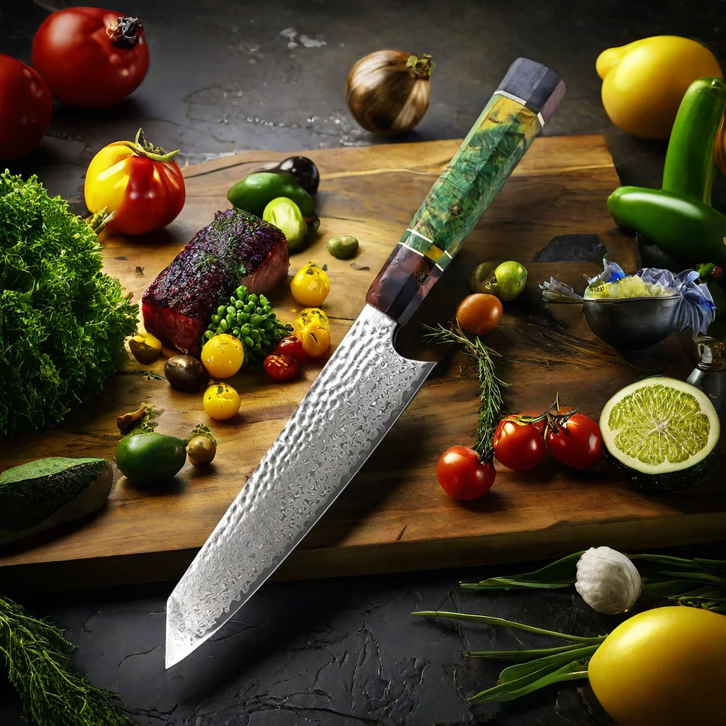 Damascus Kitchen Knife 8-inch Nakiri Knife 67 Layers Japanese Damascus Steel Slicing Chef Knife Razor Sharp Blade Colorful Wood