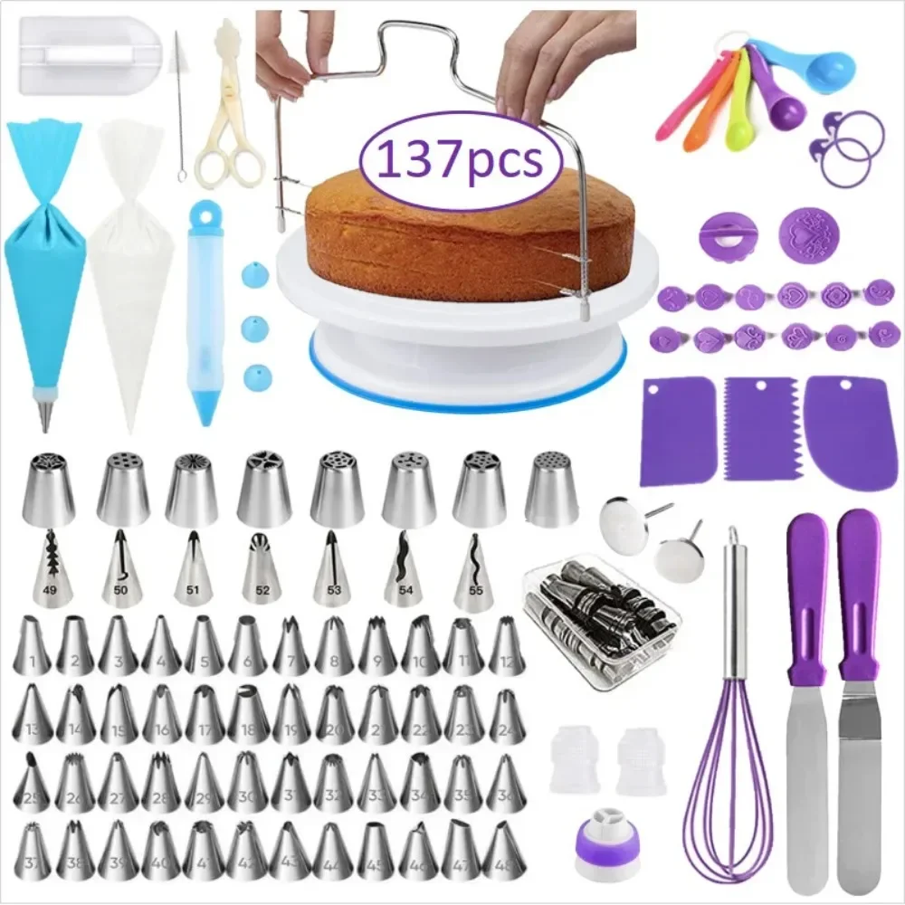 137pcs Cake Decorating Tool Turntable Rotating Cake Stand Spatula Scraper Baking Supplies DIY Mold Set for Kitchen Cake Shop Use