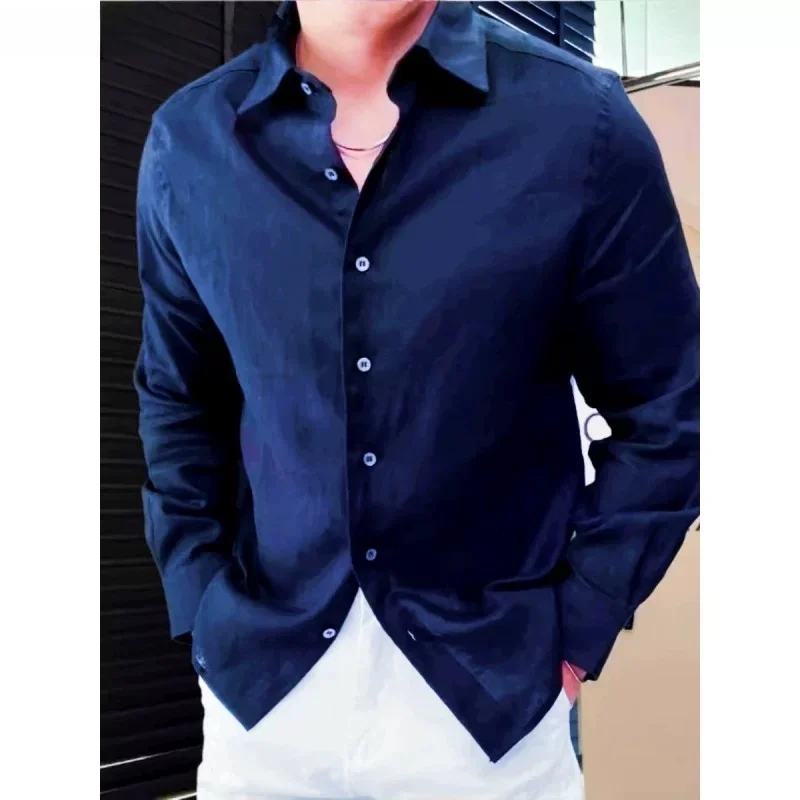 

Casual Loose Long Sleeve Cotton Shirt Men's Blue Workwear Simple Style Spring Autumn Fashion Urban Fashion No Pocket Design