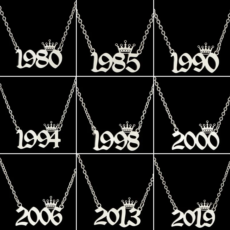 Stainless Steel Crown with Birth Year Number Necklaces for Women Men Special Date Necklace 1980 to 2024 Birthday Gifts