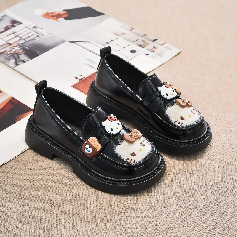 

Sanrio Kids'Casual Shoes PU Leather Hello Kitty Outdoor Spring Shoes For Girls Breathable Anti-slip Flat Black Size 26-36
