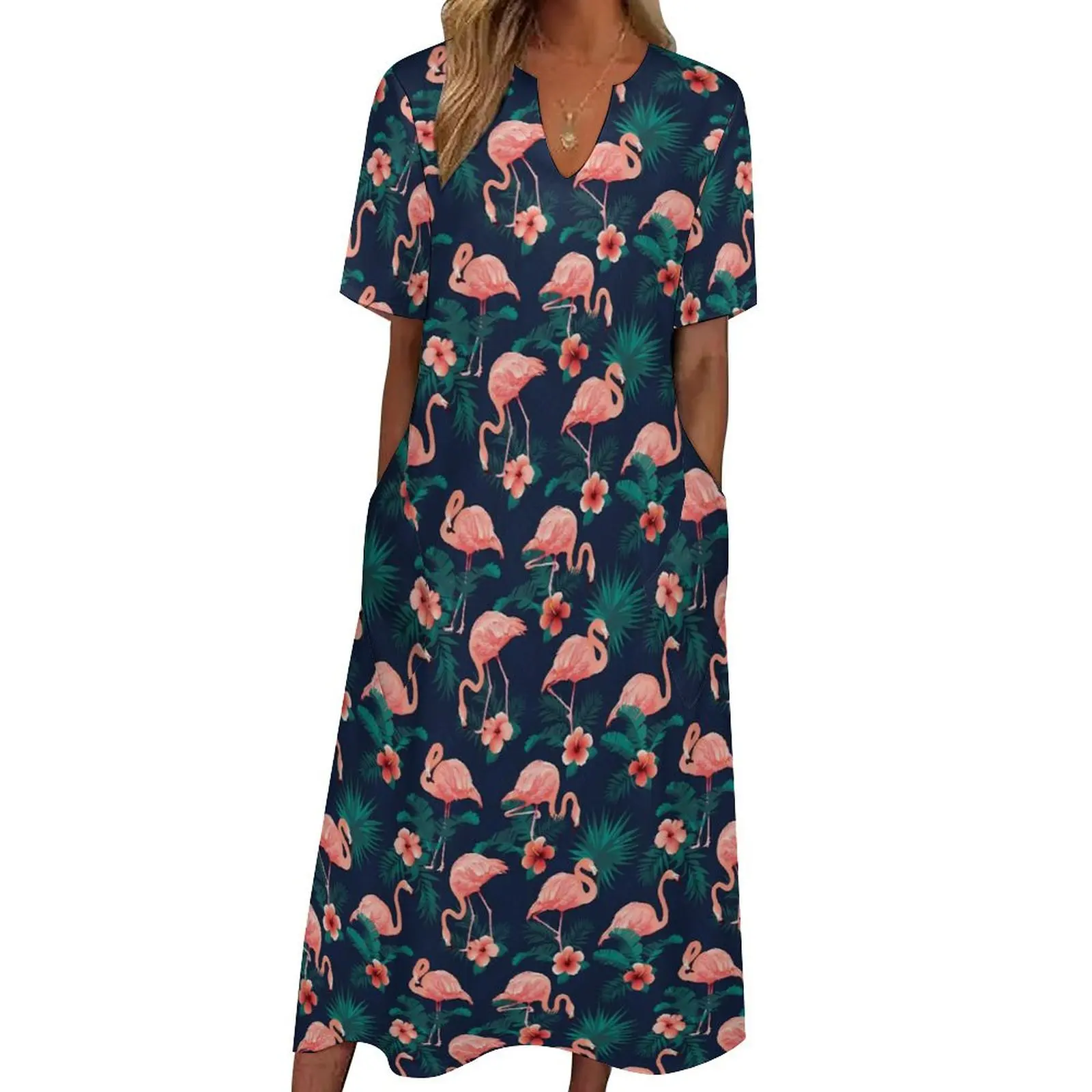 

Pink Bird Dress Flamingo And Hibiscus Kawaii Maxi Dress Street Wear Bohemia Long Dresses Woman V Neck Design Oversize Clothes