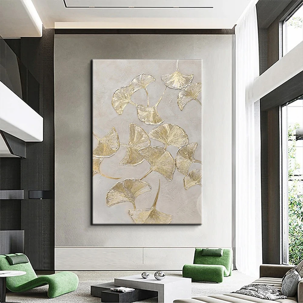 

Handmade Oil Painting Gold Ginkgo Biloba Leaf Wall Art On Canvas Modern Living Room Hallway Wall Luxurious Decorative Painting