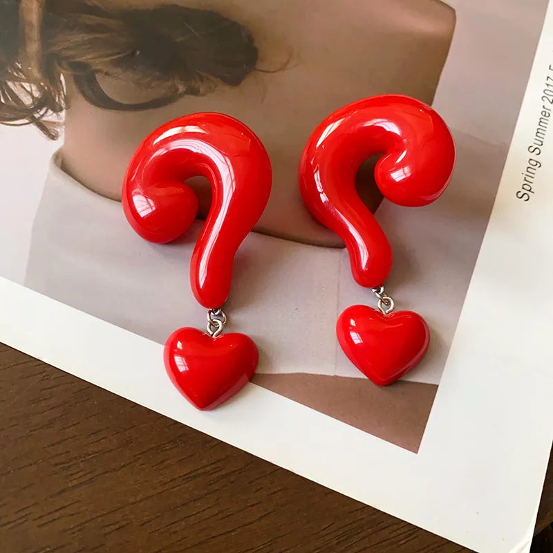 Glaze Red Pink Question Mark Heart Dangle Earring for Women Jewelry European American Girlfriend Gift