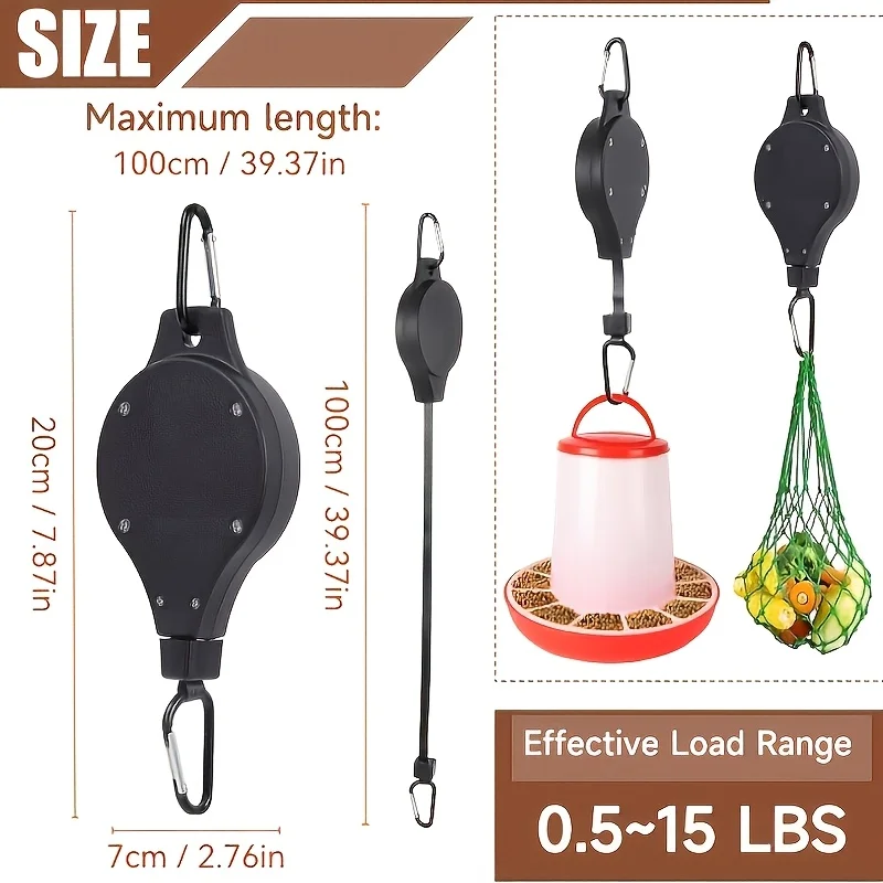 3-Pack Adjustable Retractable Pulley Hanger, Chicken Feeder Hanging System with Plant Hook for Coop & Garden