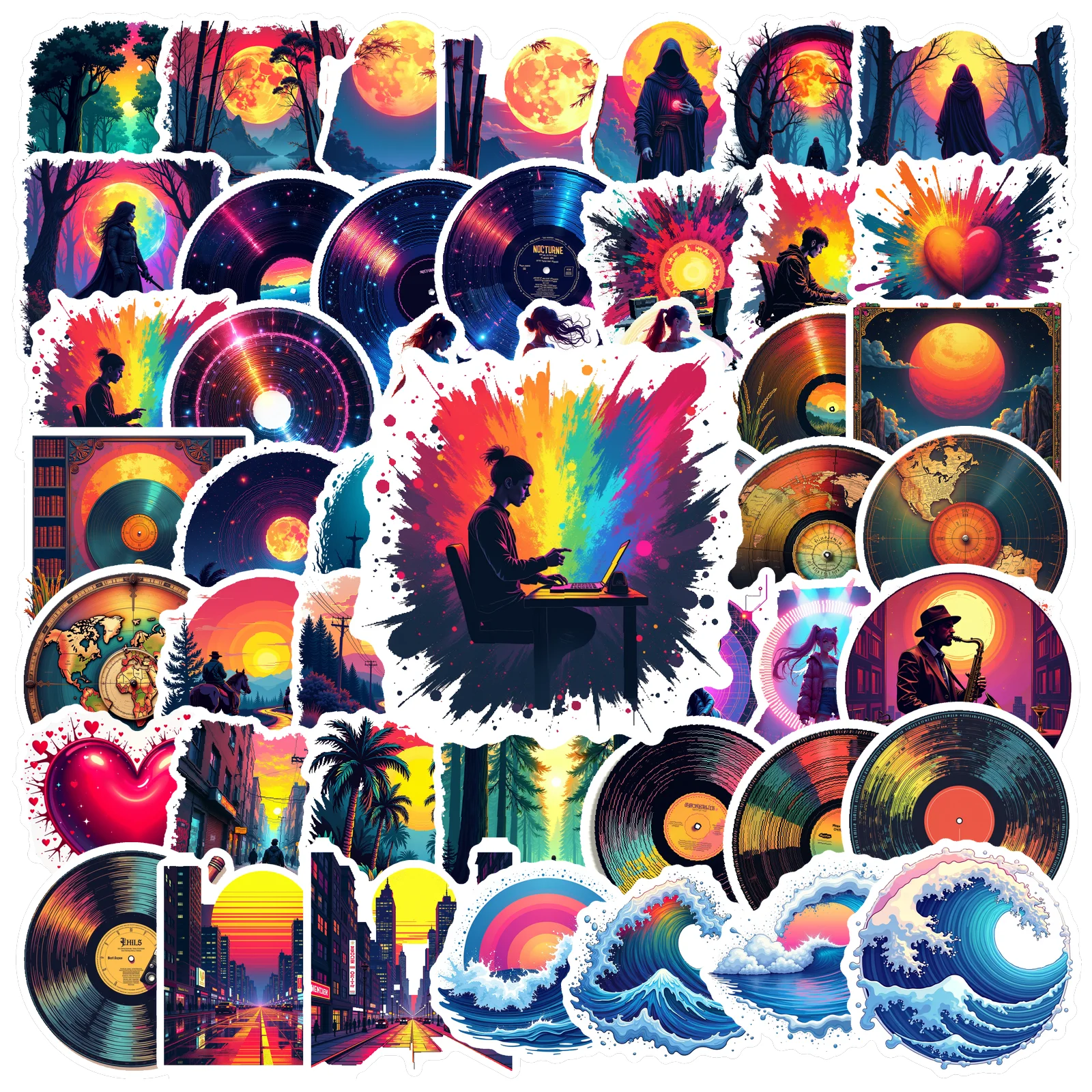 

50pcs/set Colorful Retro Pvc Stickers Aesthetic Decorative Luggage Laptop Cup Phone Diary Book Graffiti Decals Kids Stickers Toy
