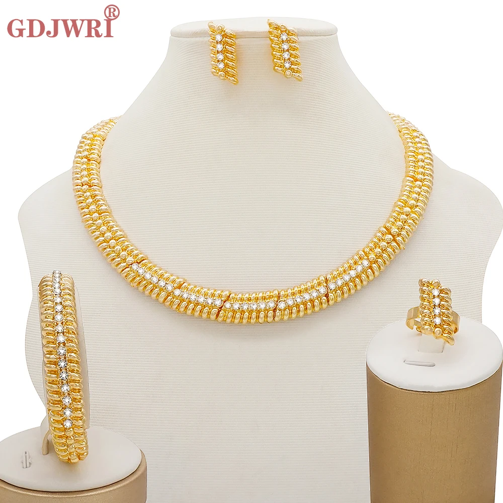 Fashion Nigerian Dubai Gold Color Necklace Earrings Bracelet Ring Jewelry Sets For Women African Bridal Costume Jewellery