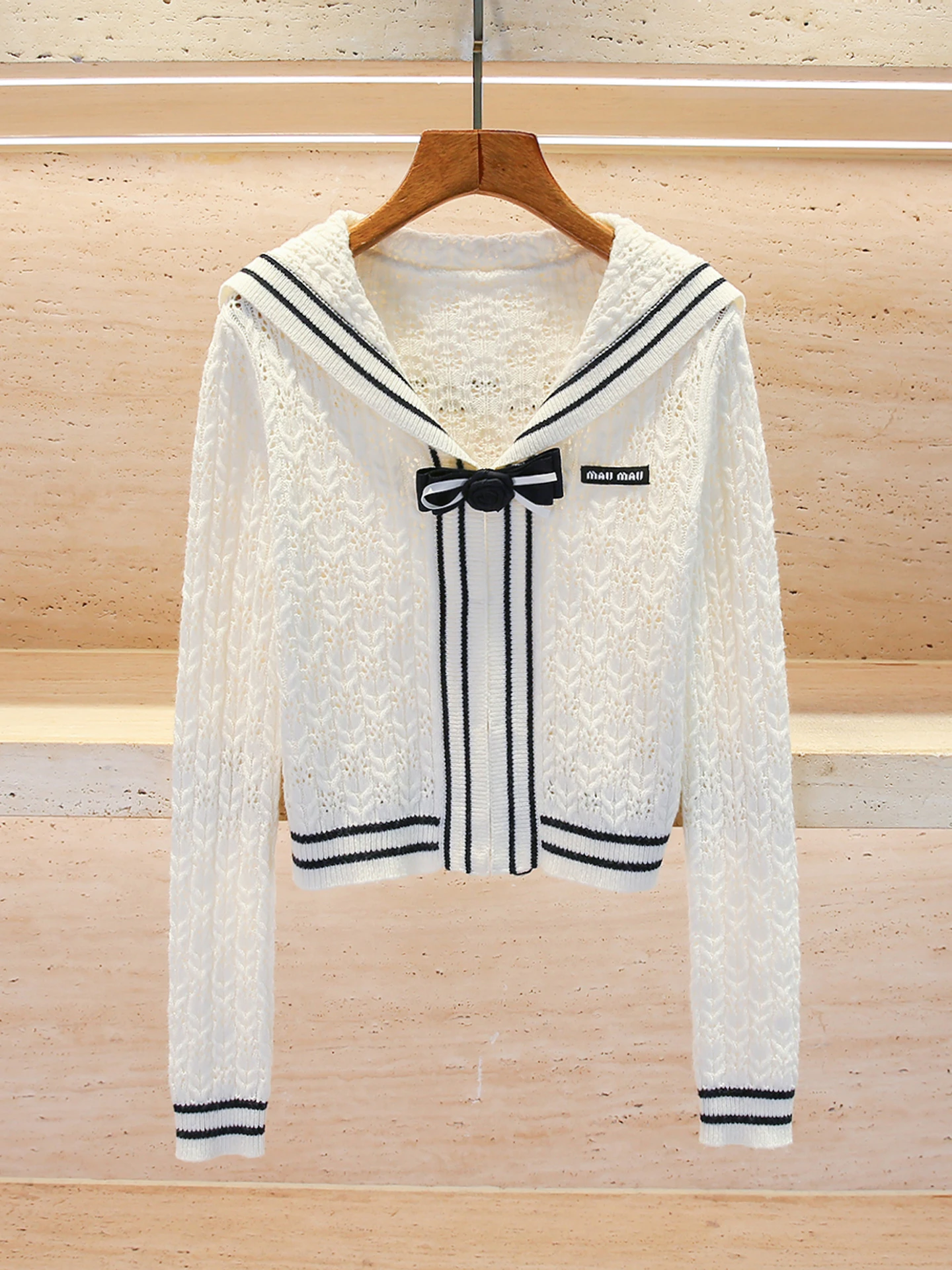 

Высококачественный вязаный топ-кардиган с темно-синим воротником и галстуком-бабочкой для женщин, средний размер, длинный све, дышащий