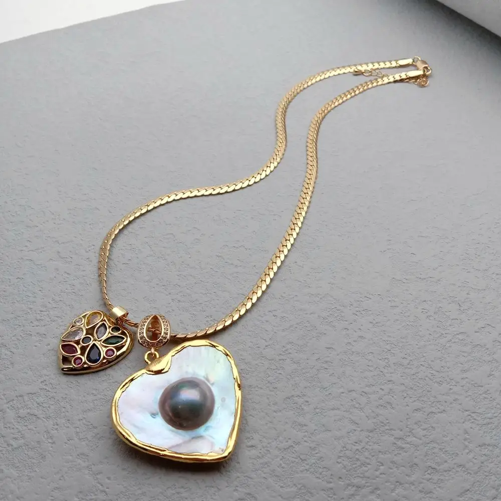 YYGEM 34mm Natural Gray Mabe Pearl Heart Shape Pendant Cz Charm Gold Plated Chain Necklace 6
