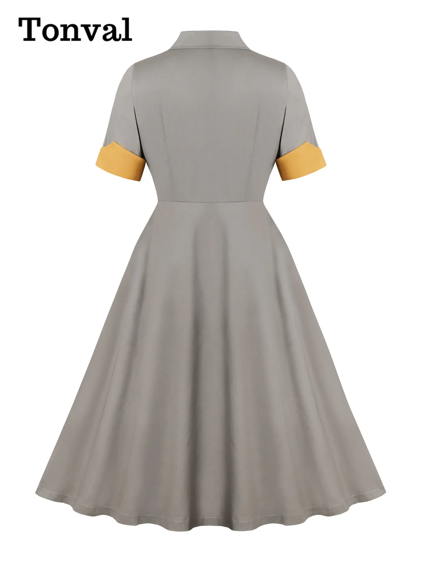 Tonval Grey and Yellow Notched Collar Pockets Midi Dresses Autumn Clothing Half Sleeve Vintage Cotton Dress Women Elegant