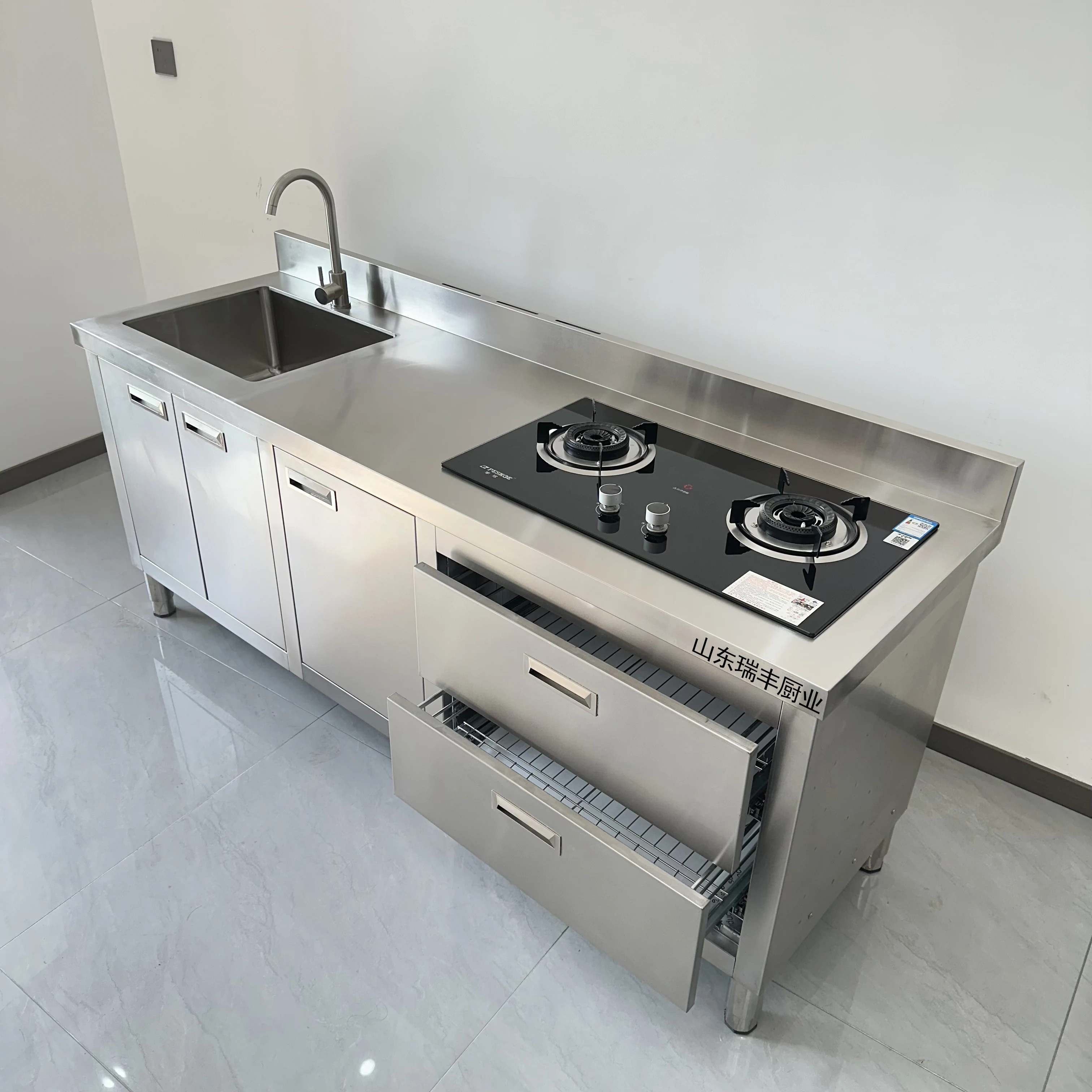 منضدة عمل من الفولاذ المقاوم للصدأ 304 مع حوض سباحة، خزانة موقد متكاملة، خزانة مطبخ منزلية تجارية للفندق أ #1