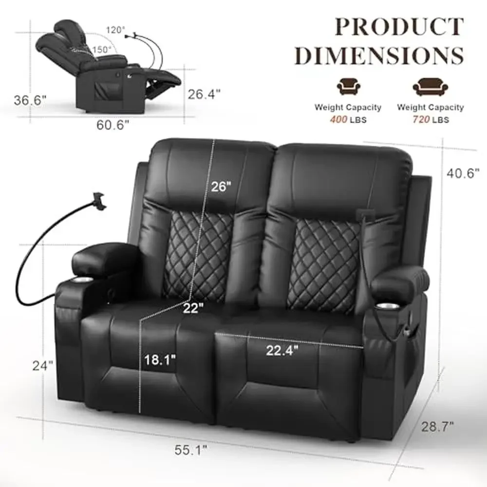 Loveseat Recliner Massage Sofa Set 2 Seater 2 Chairs 360-Degree Rotation Swivel Heating Function Theatre Experience Home Theater