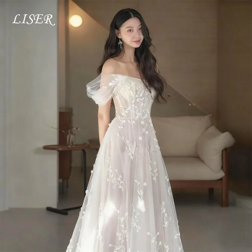 Liser Simple Elegant Wedding Dresses Off Shoulder Korea Princess Dress A Line Customised Lace Appliques Wedding Photo Shoot