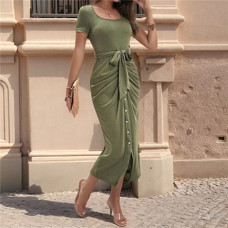 【SEE】 Robe t-shirt Maxi d'été 2025 pour femmes, manches courtes, col rond, cravate à la taille, coupe cintrée, fente moulante, robes froncées