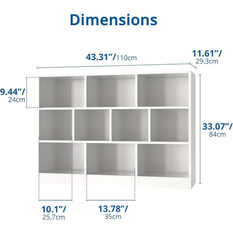 White Bookshelf, 3-Tier Open Shelf Bookcase, 10 Cube Storage Organizer with Anti-Tilt Device, Freestanding Book Storage