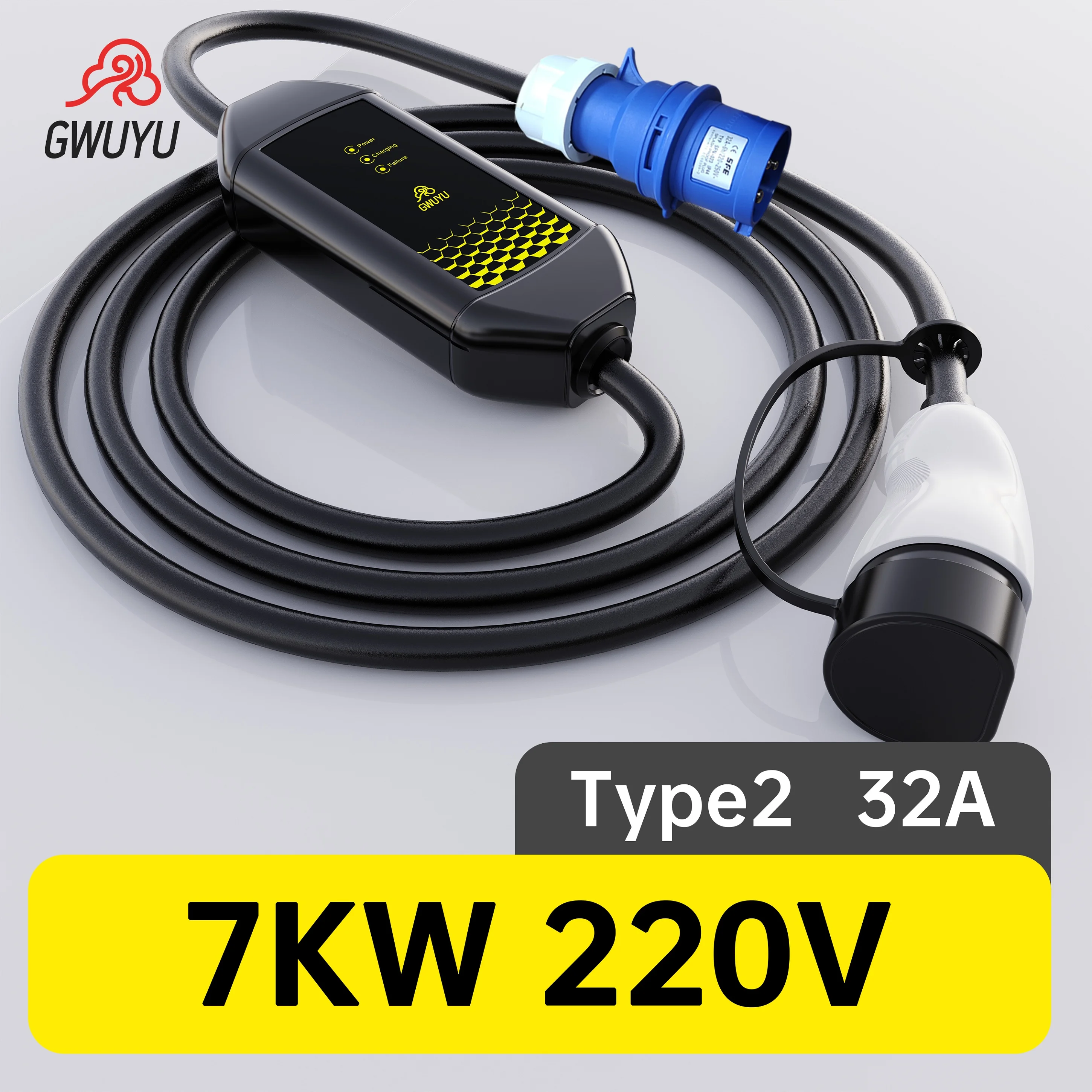 GWUYU Portable EV Charger Type2 Socket 32A 7.6KW 220V EVSE Charging Station 3.5M Cable with Light Version for Electric Vehicle