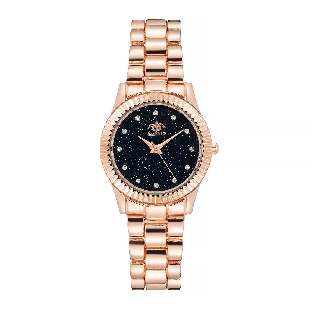 Temperament Mode Strass Damen Stahl Strap Uhr Trendy Volle Sterne Schwarz Gesicht Quarz Legierung Mode Uhr Frauen