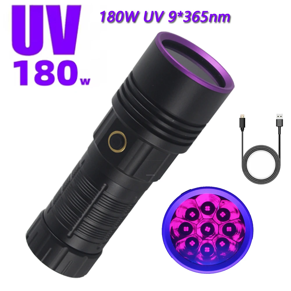 180W High power 365NM UV Flashlight Type-C Rechargeable Waterproof 9Core Blacklight Purple Light for Pet Urine Stains Detector