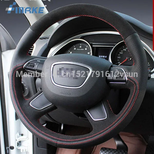 For Audi Q7 2013 High Quality Hand-stitched Anti-Slip Black Leather Suede Red Thread DIY Steering Wheel Cover