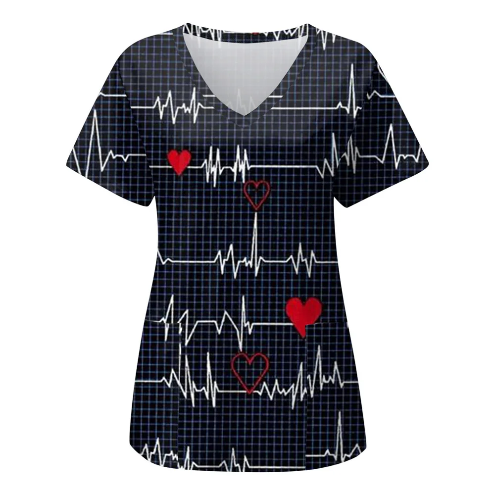 Uniforme médico de enfermería para mujer, camisetas elásticas con estampado de amor degradado, cuello en V, manga corta, Tops con bolsillo, ropa para mujer, nuevo