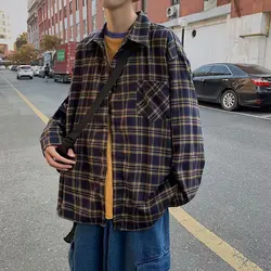 Spring New Japanese Korean Men's Casual Plaid Shirt Vintage Streetwear Harajuku Long-sleeved Check Tops T-shirt Y2k Men Clothing