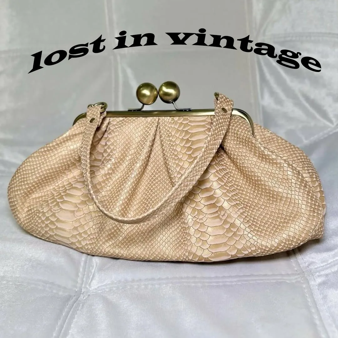 LOST IN VINTAGE Artificial Snake Leather Bag Balls Bronze Kiss-lock Antique Frame Serpentine Evening Clutch Puffy 35x20x10cm