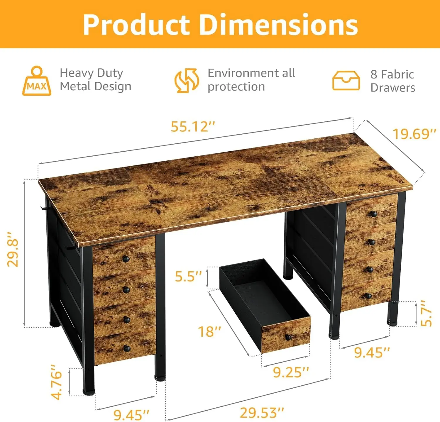 55 Inch Home Office Desk with 8 Fabric Drawers - Computer Study Work Desk for Bedroom, Gaming, Students