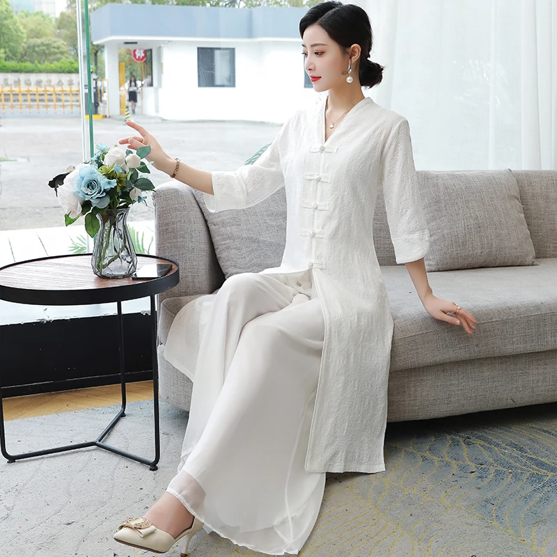 Young Women's Summer Fashion Set Tea Costume Dress with Button Retro Artistic Style Cotton Long Pants Seven Sleeve Long Neck
