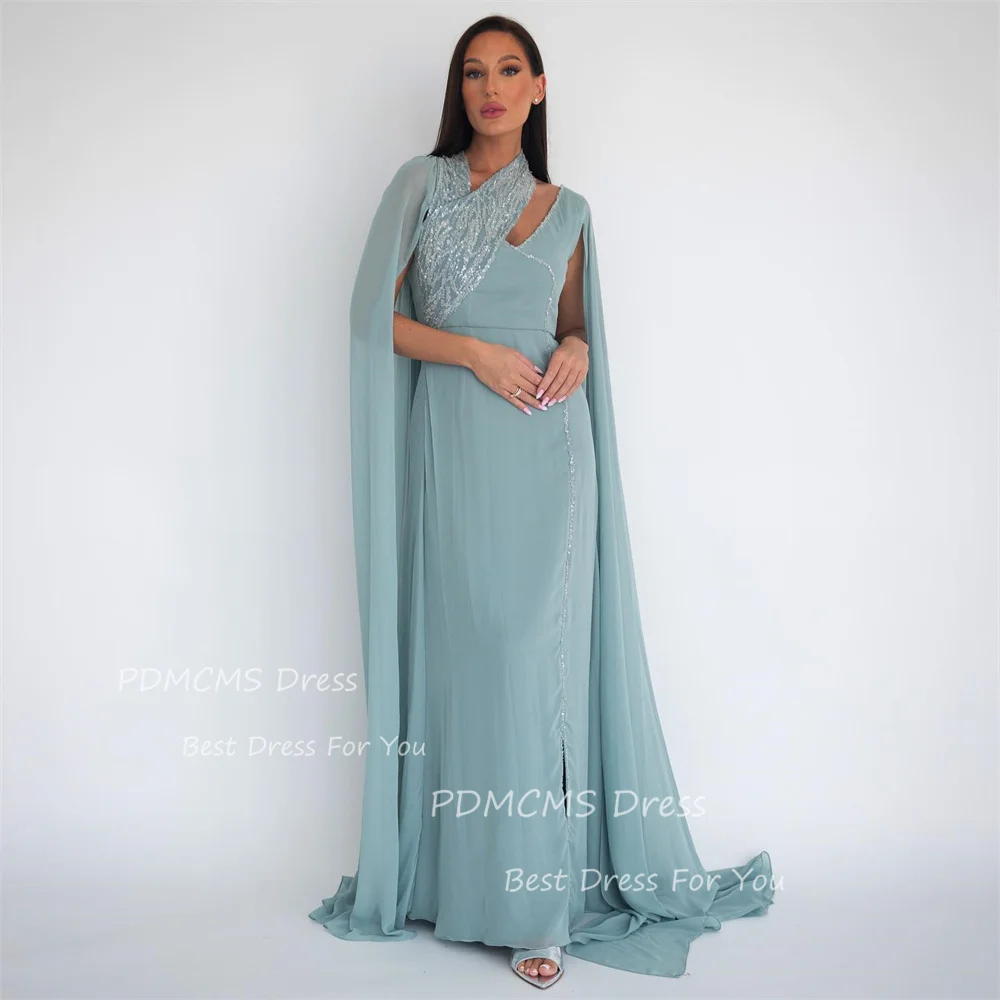 

Elegant Dusty Green Saudi Arabia Evening Party Dress Chiffon Prom Dress Shiny Sequined Beaded Halter Formal Occasion Gowns Dubai