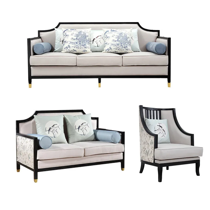 New Chinese sofa combination solid wood beauty  private club reception three-person  studio