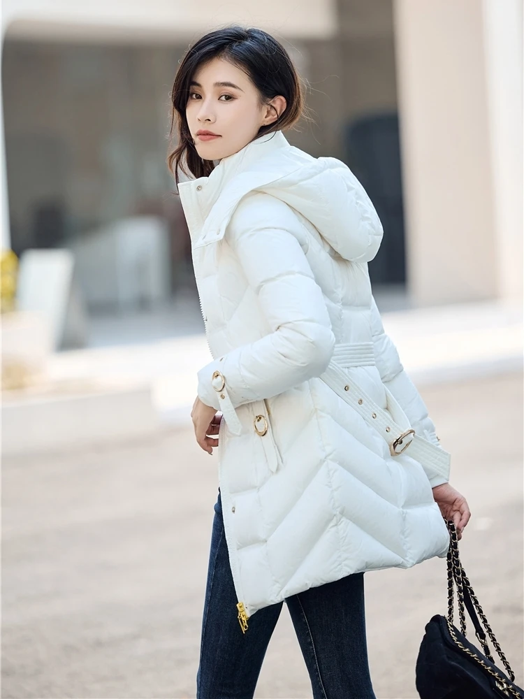 Winter Women Hooded Slim Puffer Jacket Female Casual Thicked Warm Belted 90% White Duck Down Coat Snow Outwear Designer style