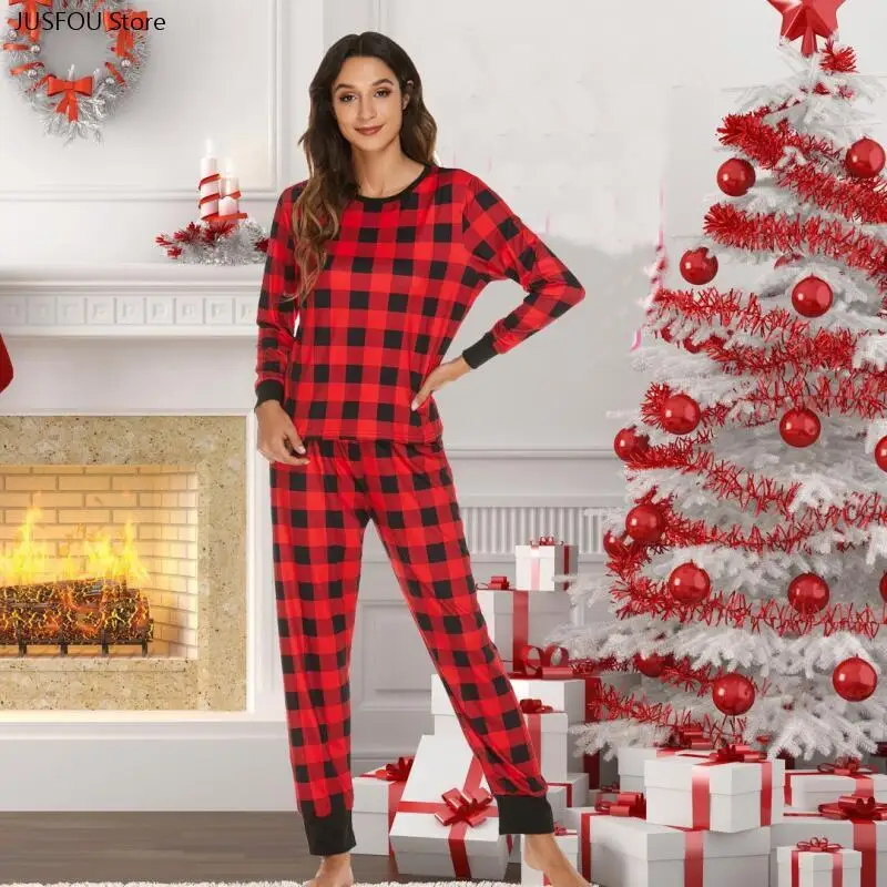 Round Neck Comfy Loungewear Loose Sleepwear Women Pajamas Set Red Grid 2 Pcs Long Sleeve Shirt&pants Homewear Pijamas Suit