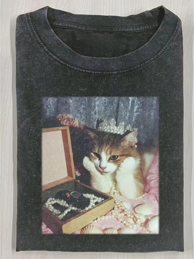 Hip-Hop Katzen-Crew Print T-Shirt Unisex Oversized Rundhals Casual Tee Lustige Katzen Foto Grafik Y2K Streetwear Shirt für Outfits – Detail 2