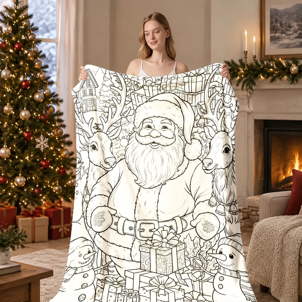 1pc 2D Flat Hand Drawn Santa Throw Blanket, Black White Print with Reindeer, Snowman, Gift Boxes, Christmas Tree & Cabin