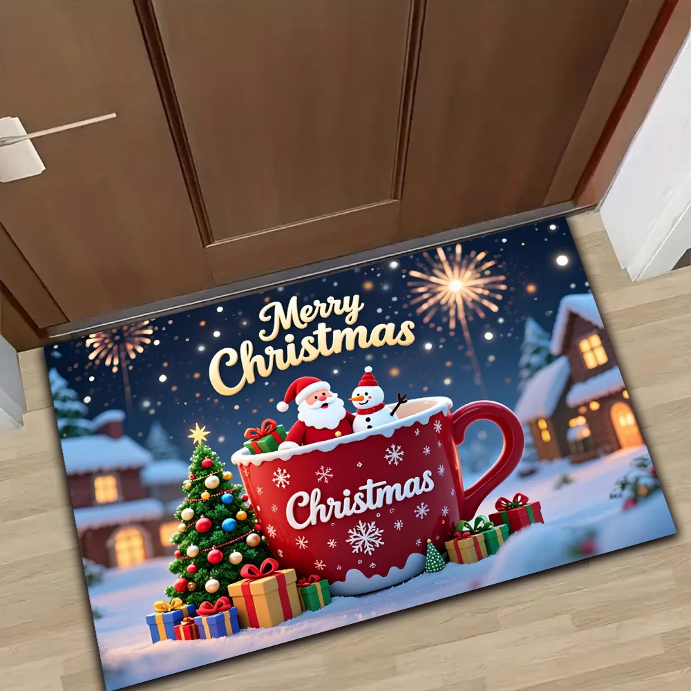 Christmas New Year Decorative Doormat Christmas Tree Happy New Year Print Floor Mat Front Door Entryway Home Holiday Party Decor