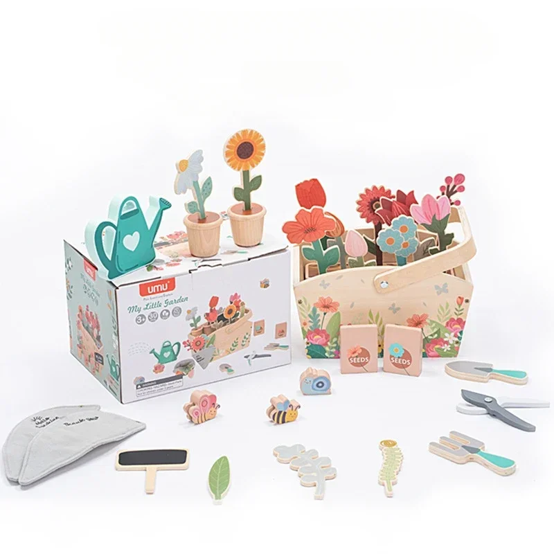Wooden Simulation Garden Flowers Stacking Block Building Games Children Pretend Montessori Educational Toys for Nursery School