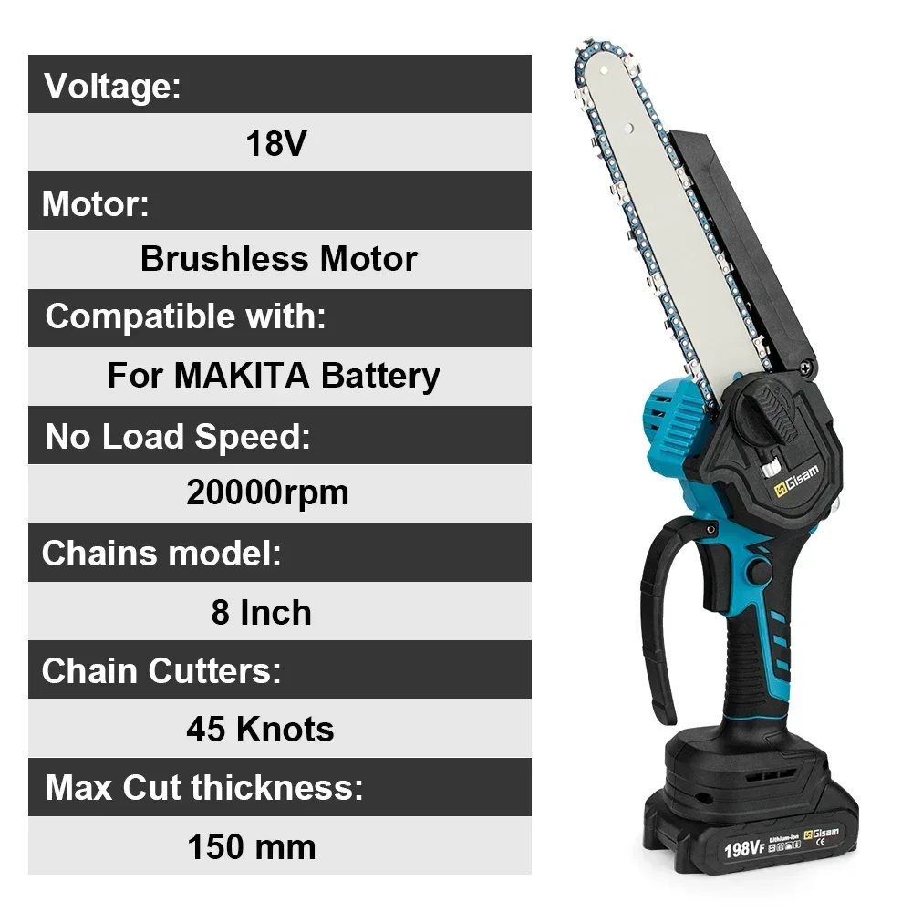 8 Inch Brushless Electric Saw Automatic Oiler Digital Display Garden Wood Logging Chainsaw for Makita 18V Battery Power Tools