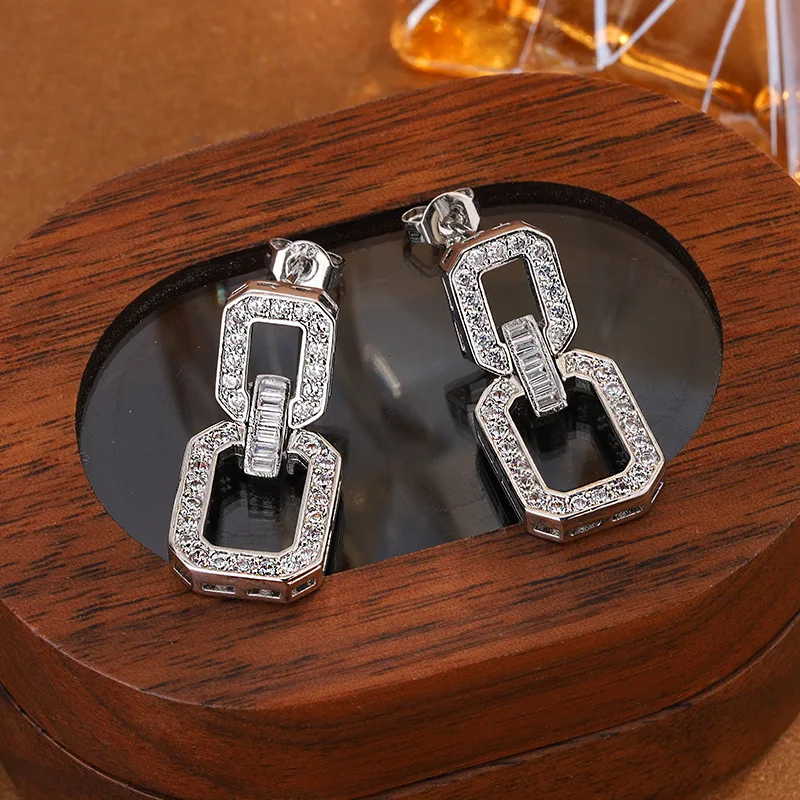 

Women's 925 Silver Earrings, Double - Linked Square with Zircon, Elegant Design, Party & Daily Wear Jewelry