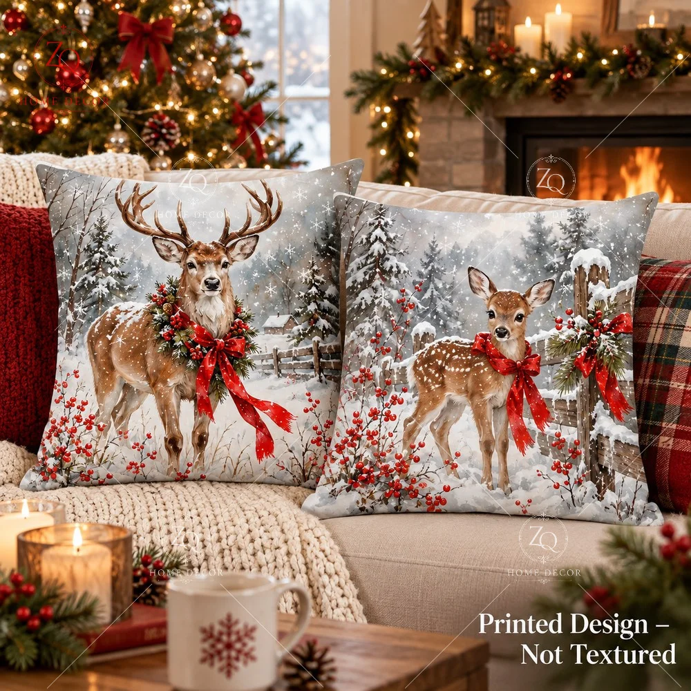 Winter Forest Deer Throw Pillowcase 2D Flat Printed Peach Skin Pillow Cover Red Bow Cushion Cover For Couch Sofa Home Decor