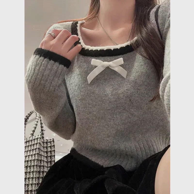 Fashion korean long Sleeve square collar bow Casual solid Knitted Shirt Autumn Winter Knitwear Crop Tops Women Pullover Sweaters