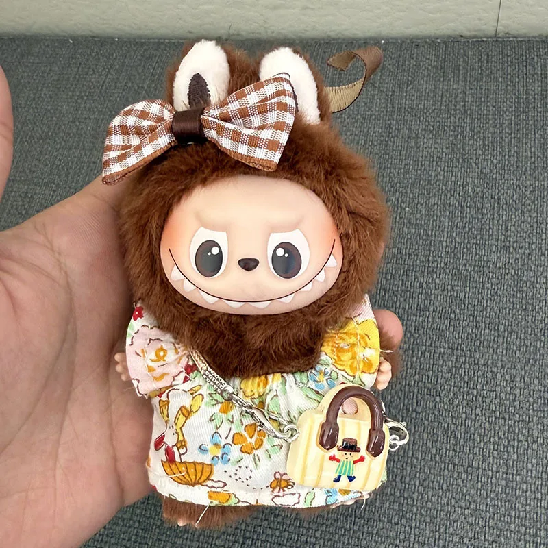 Mini Plush Dress for 10cm Labubu V4 Clothes Korea Style Fluffy Romantic Bowknot Dress for Ladbubu 4.0 Dolls Accessories