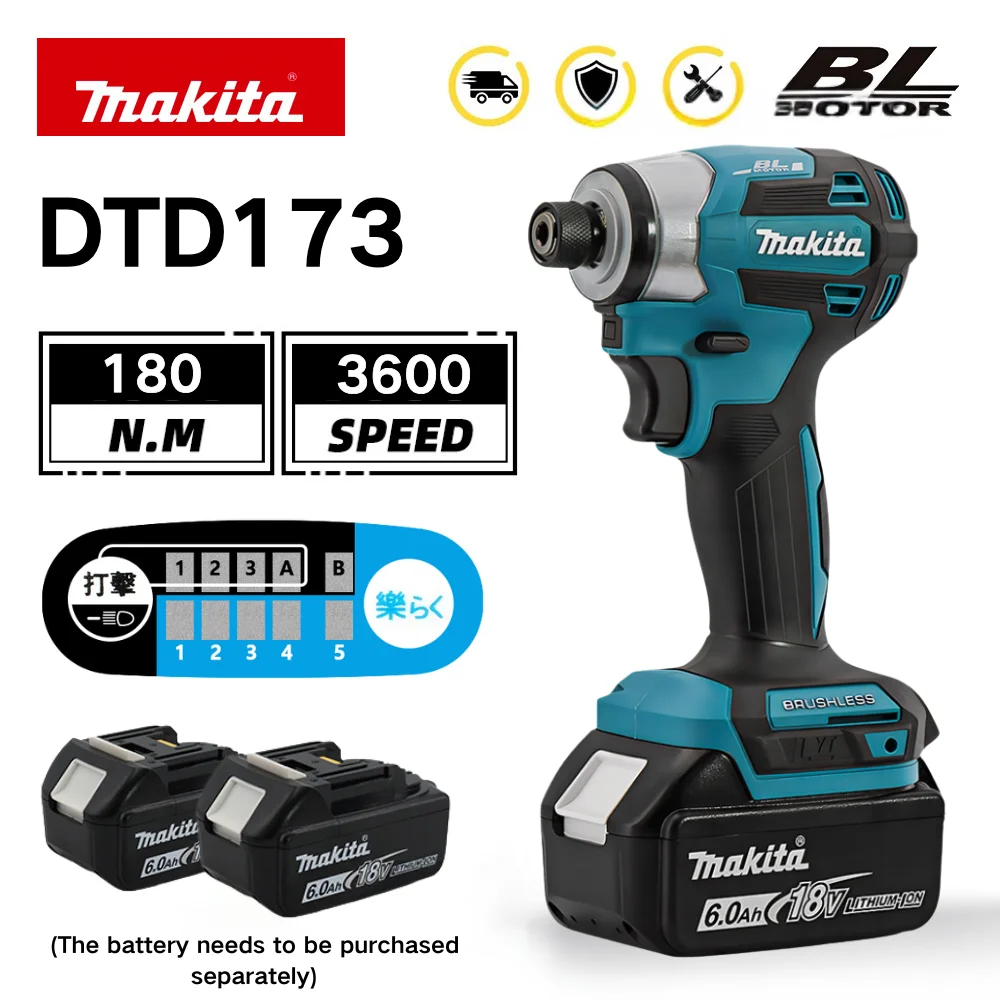 

Аккумуляторный ударный шуруповерт Makita DTD173, 1800 об/мин, 180 Нм, бесщеточная электрическая дрель, электроинструмент для работы с деревом/болтами/в режиме T, для аккумулятора 18В