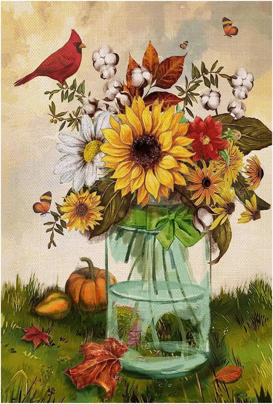 YYLL 77YS， Double sided 12x18 inch Autumn Serenity Garden Flag - a vibrant vase with unique designs featuring red birds and butt