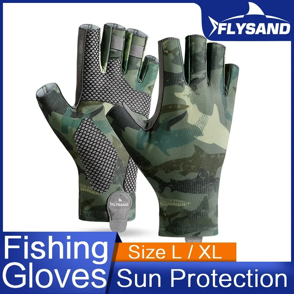 FLYSAND Men's UV Protection Ice Silk Fingerless Fishing Gloves High Elastic Non-slip Wear Resistant for Outdoor Sports L/XL