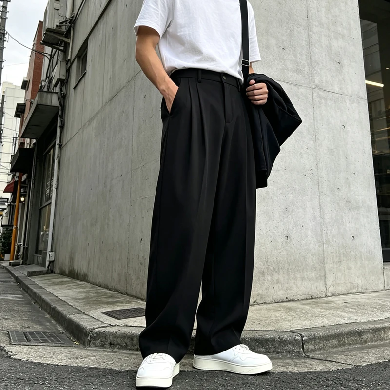 Men's High Waist Wide Leg Suit Pants Double Pleated Loose Baggy Smooth Soft Trousers Casual Business For Office Daily Streetwear
