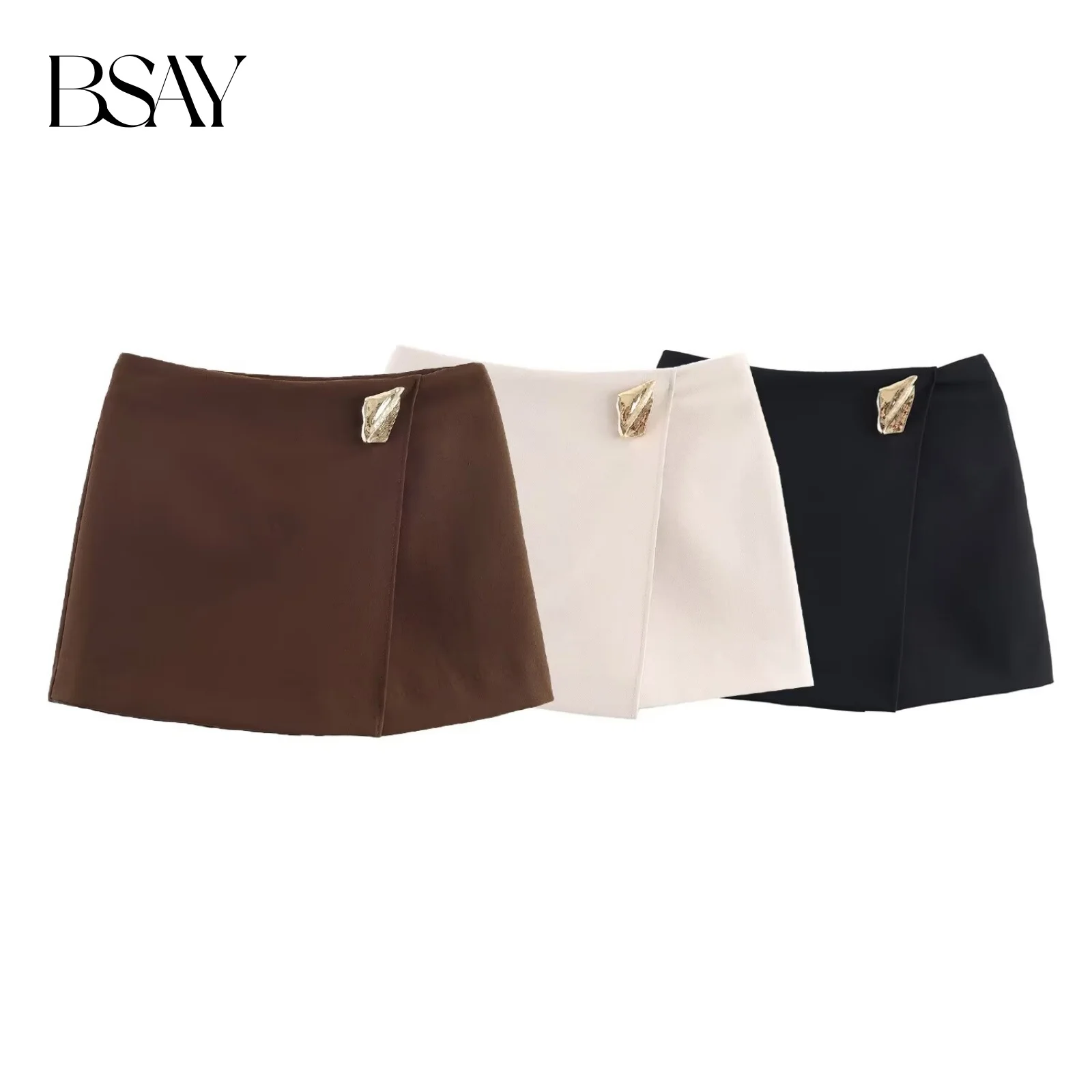 BSAY Autumn New Product Women's Wear 2025 French Minimalist Style High Waist Asymmetric Metal Decorative Casual Shorts