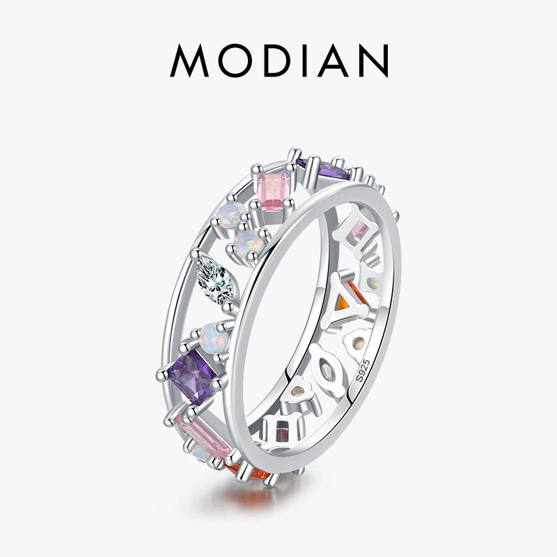 MODIAN Rainbow Color CZ Ring 925 Sterling Silver Sparkling Rings Exquisite Fine Jewelry For Women Daily Office Accessories