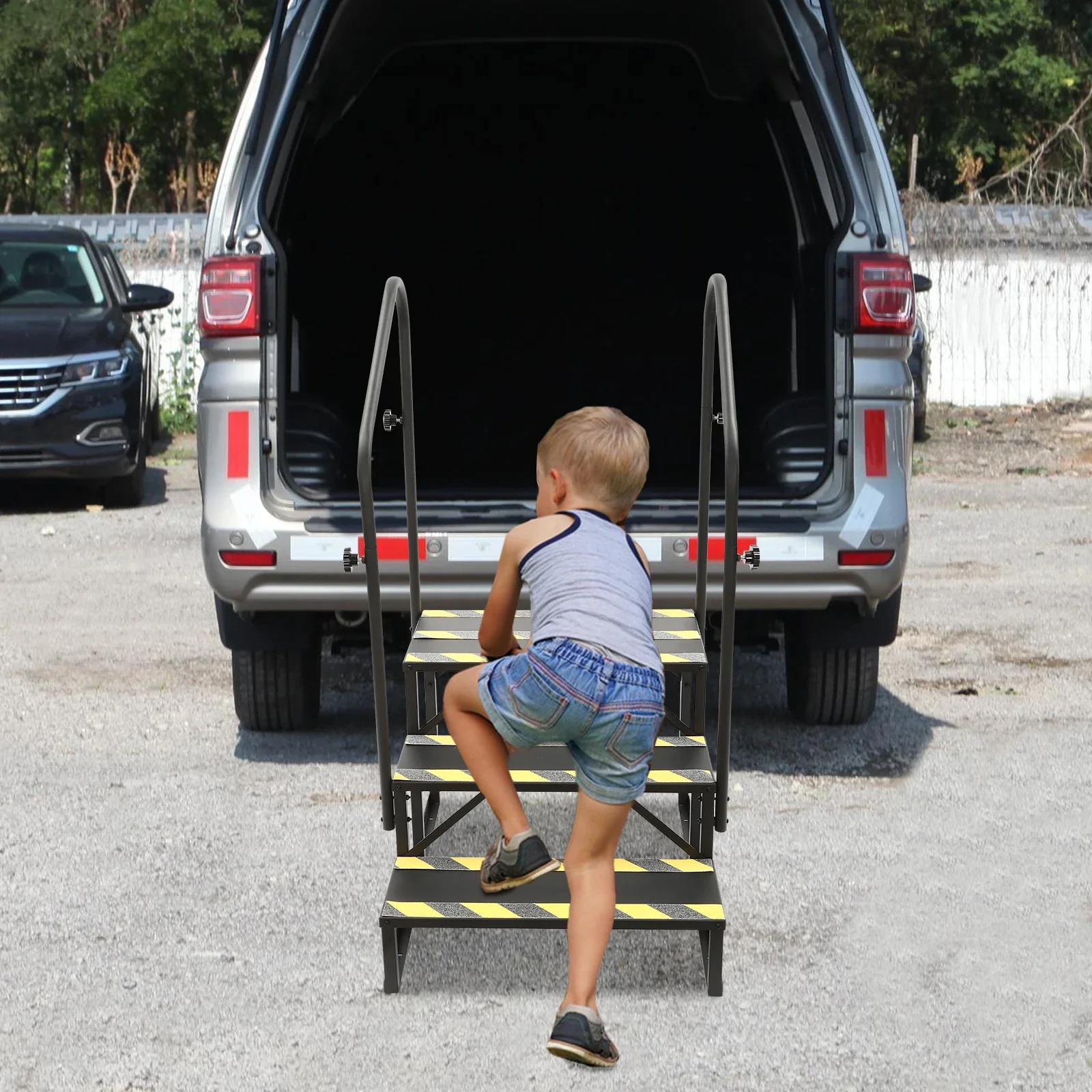 3 Step Ladder Porch Steps with Handrails and Anti-Slip Pedals, Swimming Pool Ladder Above Ground, Portable Step Stool for RV