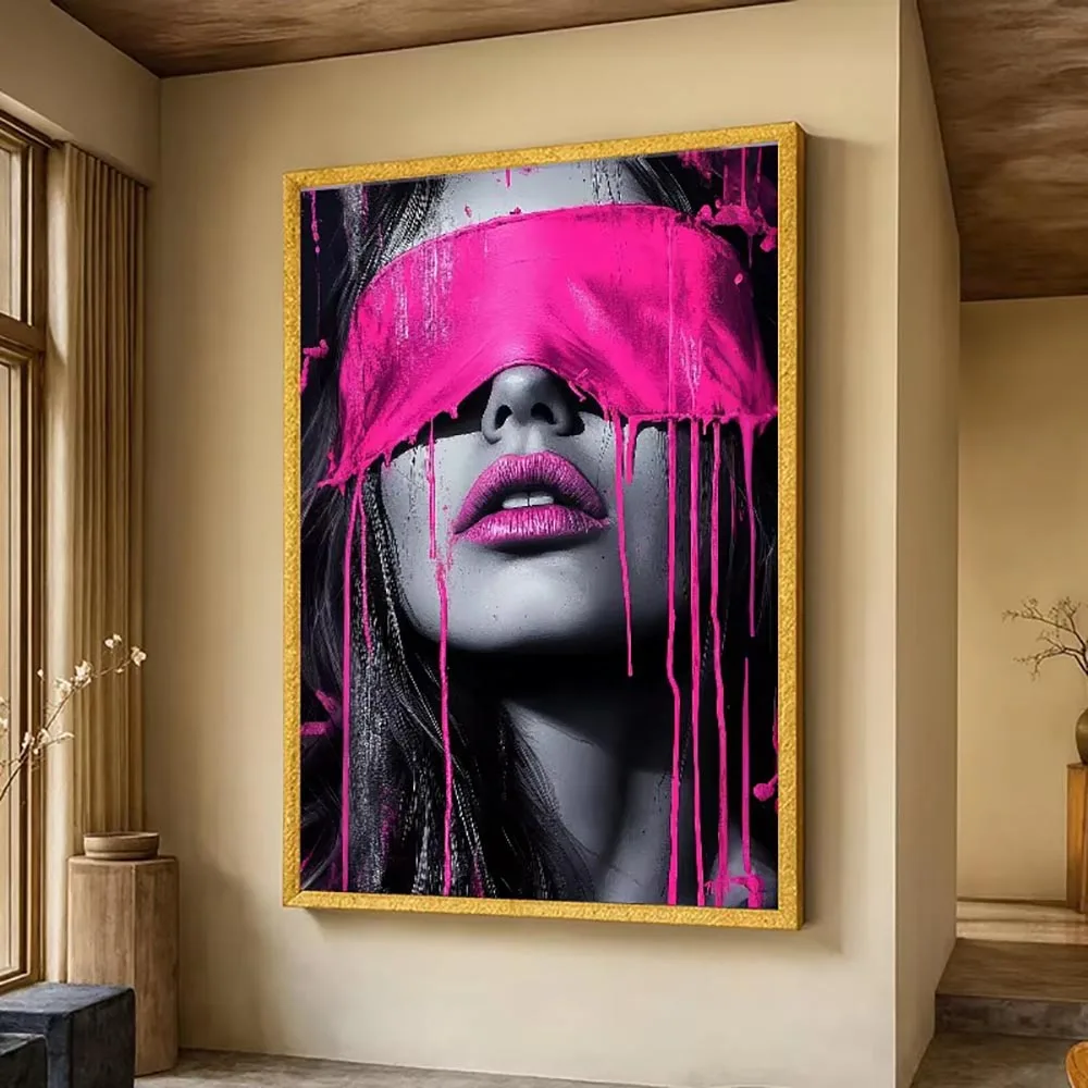 Bold Pink Paint Drip Canvas Painting Contemporary Female Portrait Wall Art Posters Prints Canvas Picture Living Room Home Decor